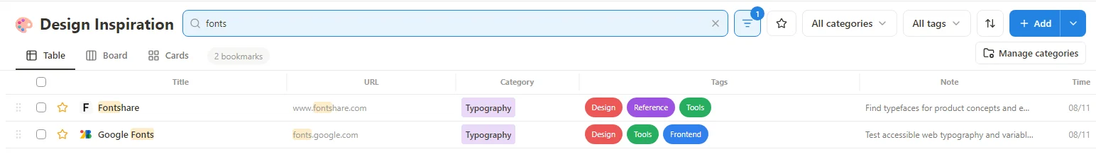 English Design Inspiration page filtered by the search word fonts